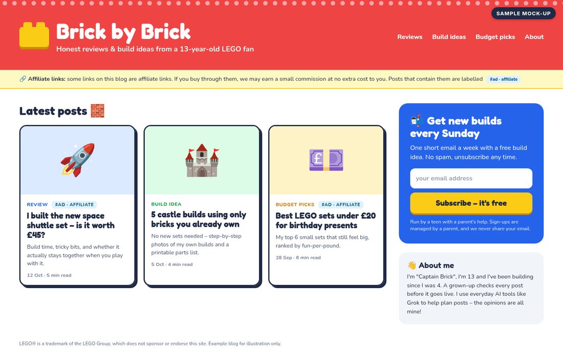 Sample homepage of a LEGO fan blog called Brick by Brick, with posts labelled #ad affiliate